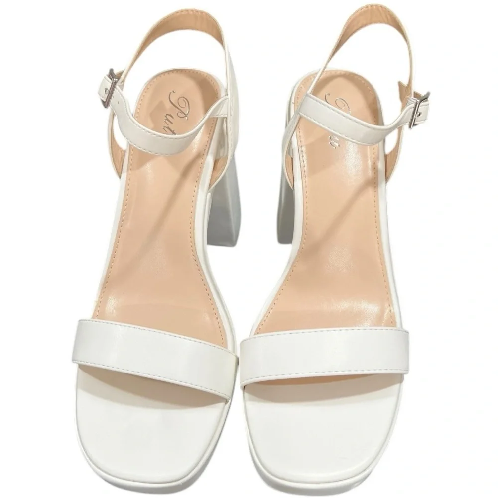 Putu White Platform Heel Sandals Womens Size 8.5 Ankle Strap Block‎ Heel New